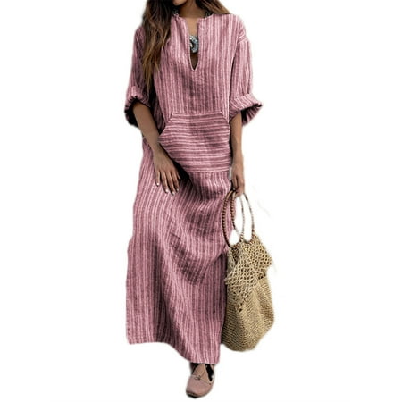Women's V-Neck Long Sleeve Fashion Striped Maxi Dresses