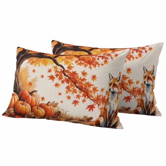 Orange Maple Leaves Fall Outdoor Waterproof Pillow Covers, Fox Pumpkins Vintage Beige Rustic Decorative Rectangle Throw Pillowcase Sofa Cushion Sham for Patio/Couch/Chair, 20"x12" 2 Pack