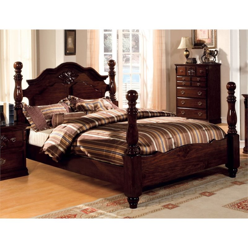 Furniture of America Hemps Solid Wood FourPoster California King Bed in Brown