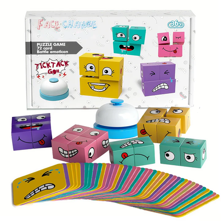 Dimoarch Matching Game for Kids Ages 3 , Wooden Face Changing Building Block Puzzle Game for Kids Aged 4-8 with Bell & Storage Bag, Educational Board Game for Boys and Girls