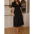 thumbnail image 2 of Faithtur Robe Longue Décontractée d'Été pour Femmes Couleur Unie Froncée Col en V Manches Courtes Mode Plage Vacances, 2 of 7