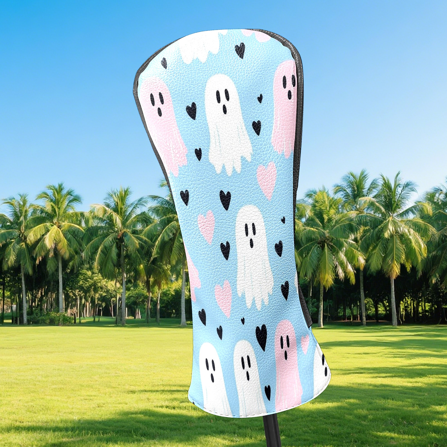 Golf Club Covers, LightBlue GhostHeart Premium PU Leather Driver Hybrid Putter Head Covers with Velvet Lining, Waterproof Golf Gifts for Men Women