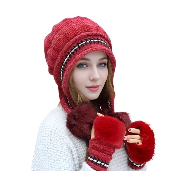 TELOLY Women Winter Glove and Hat Set Winter Hat Touchscreen Gloves Warm Knitted Beanie and Mittens for Women
