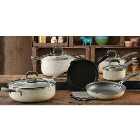 The Pioneer Woman Vintage Speckle 10-Piece Non-Stick Pre-Seasoned Cookware Set, Linen