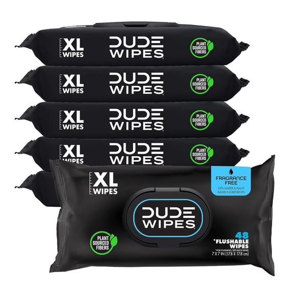 DUDE Wipes Unscented Flushable Wipes - Extra-Large Adult Wet Wipes for Sensitive Skin - 6 Pack (288 Count) - Infused with Vitamin E and Aloe - Septic