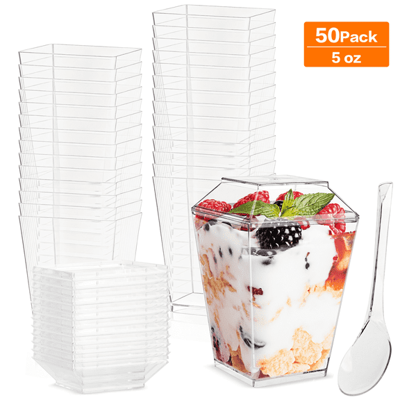 Xueyu 50 Pack 5 oz Plastic Dessert Cups with Lids and Spoons, Yogurt Parfait Cups, Appetizer Cup for Party, Dessert Shooter for Pudding, Fruit and Ice Cream