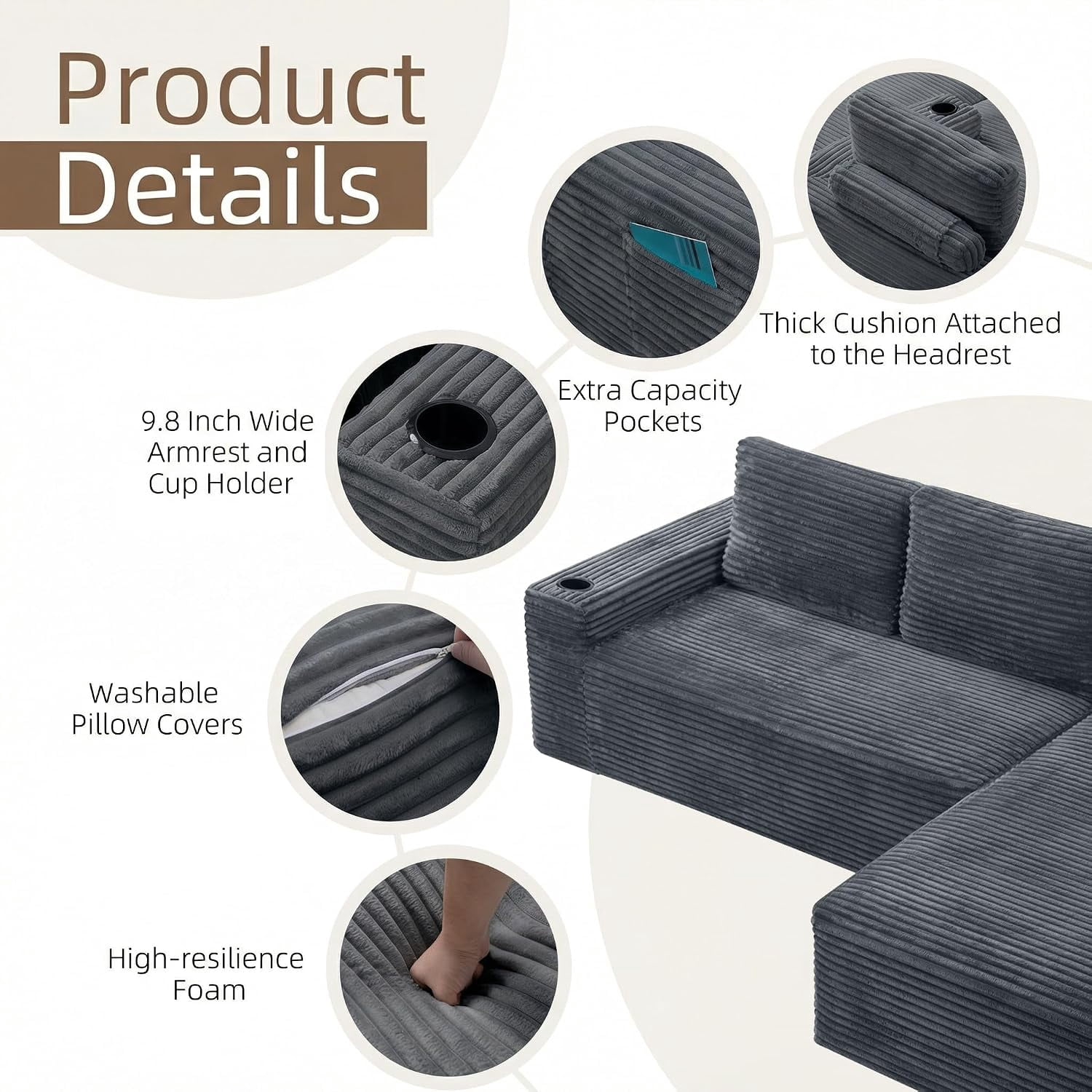 104" Cloud Modular Sectional Sofa, Corduroy Boneless L-Shape Chaise Couch with Deep Seat for Living Room Bedroom, No Assembly Required