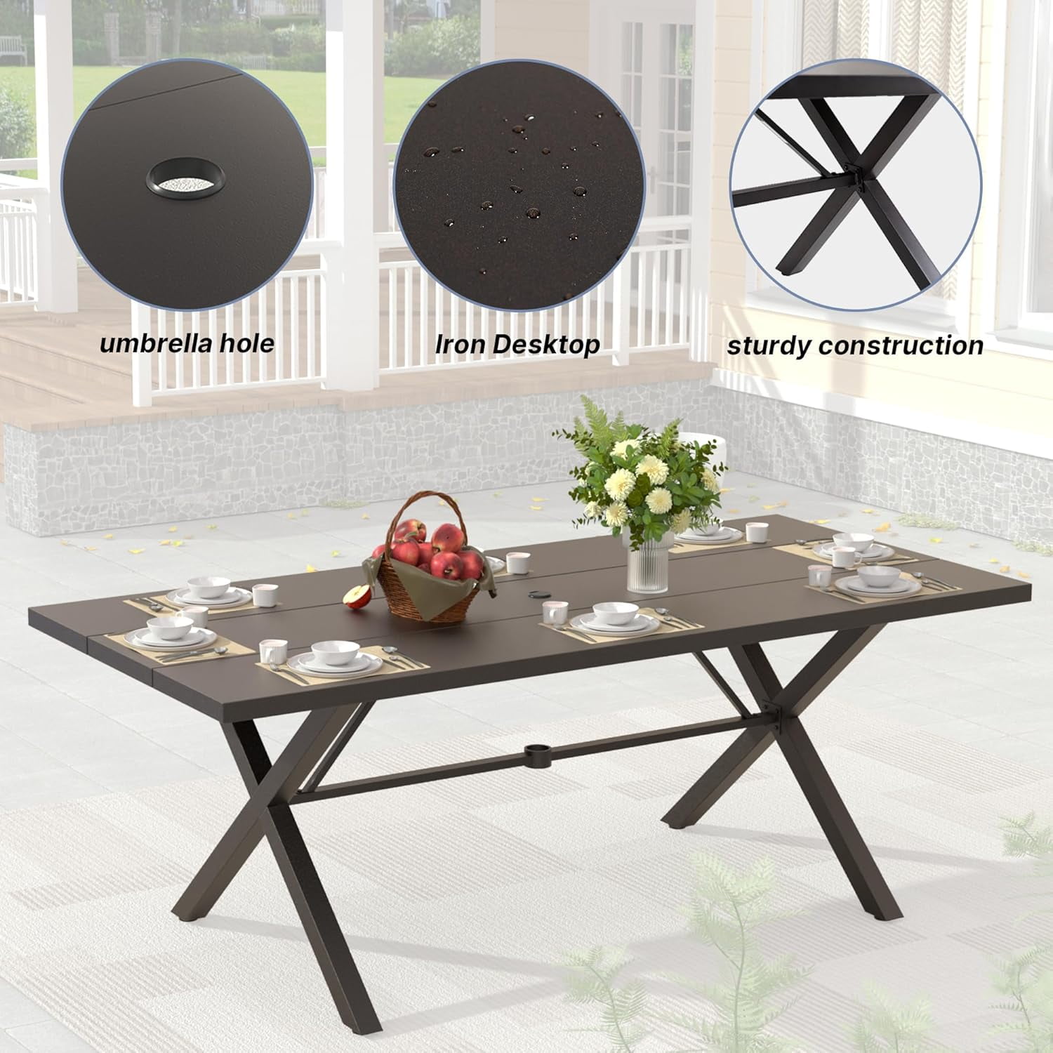 ALAULM Dining Table for 6 People, 78.7-Inch Rectangular Metal Dining Table, Modern Dining Table with Heavy Duty Metal Legs for Patio (Black)