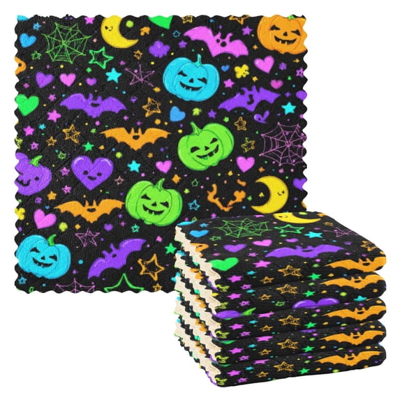 6PCS Dish Towels and Dish Cloths Reuseable Dishcloths Sets for Washing Dishes, Cooking, Baking Size 11" x 11" Colorful Halloween Elements