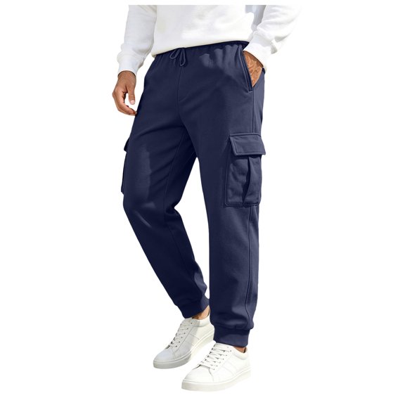 GEWSEY Mens Fleece Cargo Sweatpants Heavyweight Elastic Waist Pants with Pockets Baggy Drawstring Jogger Pants (Navy, L)