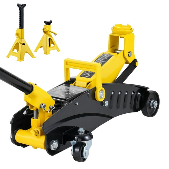 KFFKFF Sleek 2 Ton Floor Jack, Durable Iron Hydraulic Car Lift, Includes Jack Stands, Efficient Single Piston Quick Pump, Lifting Height 4.6"-12.8" (Yellow)