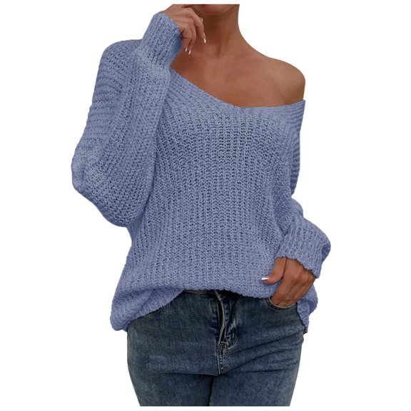 iHPH7 Off the Shoulder Sweater Womens Fall Tops Fall Outfits for Women Fall Sweaters for Women Womens Fall Clothing Pullover Sweaters for Women Soft Sweaters for Women Blue L
