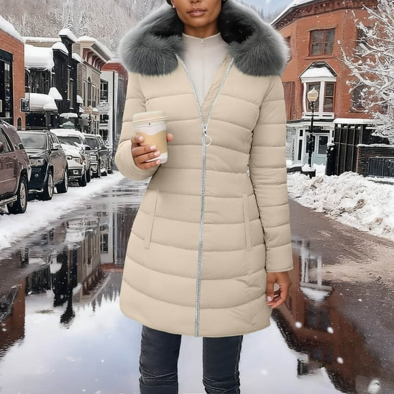 Mifsaly Long Quilted Jackets for Women Plus Size Fleece Lined Zip up Padded Coats with Detachable Hood Thicken Warm Tunic Long Sleeve Overcoats Faux Fur Hooded Thermal Winter Outerwear with Pockets