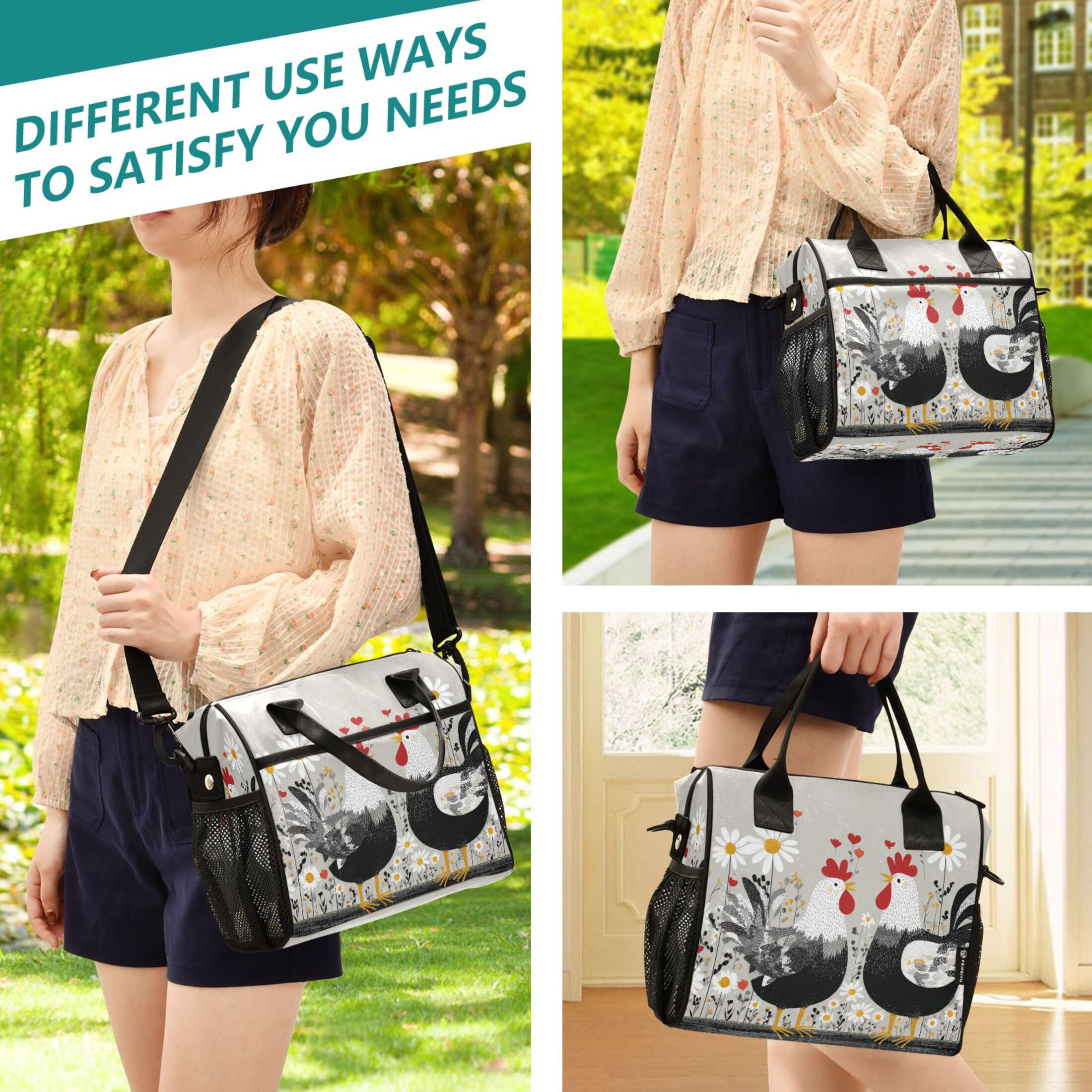 Large Insulated Lunch Bags for Women Men Leakproof Thermal Meal Lunch Tote Bag for Office Work Picnic Travel Black and White Chick 12L