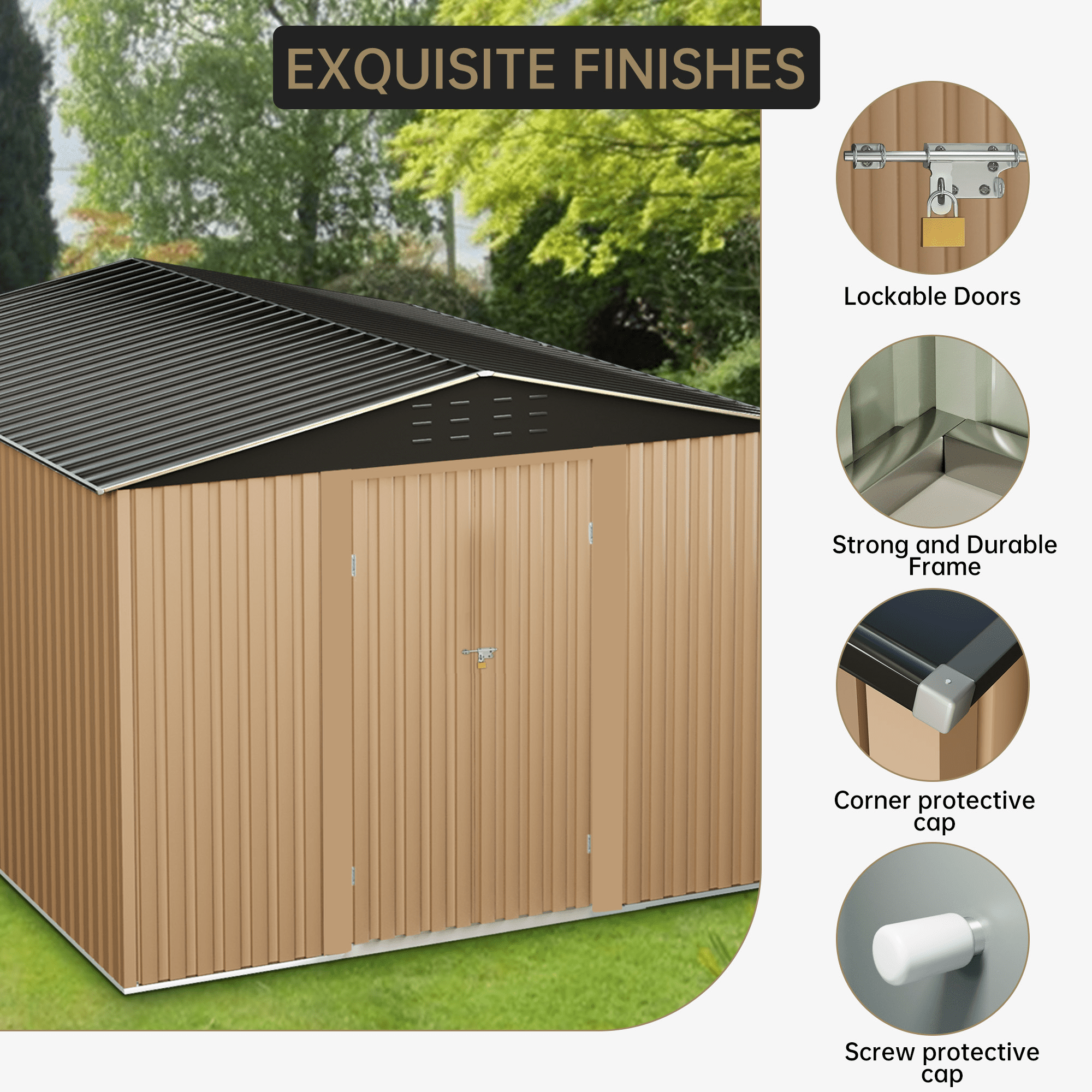COZONY 10*10ft Galvanized Steel Storage Shed, Waterproof Utility Shed with Lockable Door & Vents for Lawn Mower Bike Tools,Brown