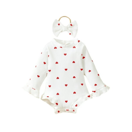 

Loalirando Girl Fall Romper Ribbed Heart Print Long Sleeve Jumpsuit Headband