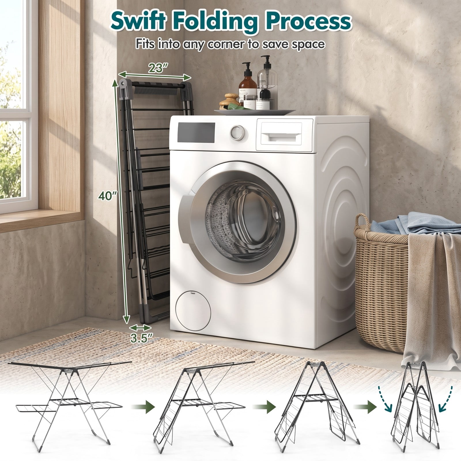 ALPULON 2-Tier Clothes Drying Rack with 33 Drying Rails, Height Adjustable Gullwing Laundry Drying Stand, Foldable Stainless Steel Garment Airer for, Silver & Gray