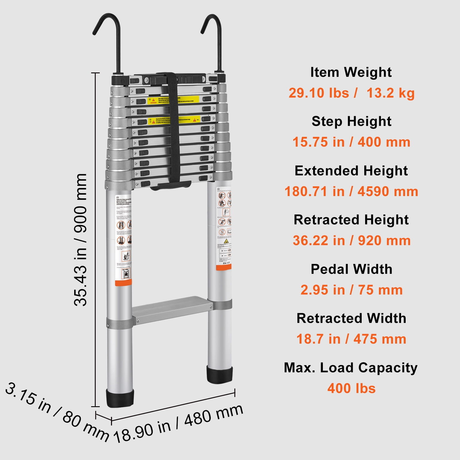 BENTISM 15 FT Telescoping Ladder, 400 lbs Load Capacity Aluminum Telescopic Extension Ladder, Multi-purpose Collapsible Ladder for RV, Home or Outdoor Work