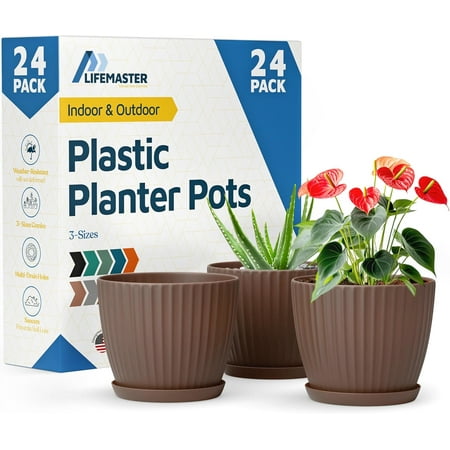 Brown 6-Inch Plant Pots with Drainage & Saucers 24 Pack, Indoor & Outdoor Planters for Houseplants, Herbs, and Flowers, Durable & Weatherproof Material, Stackable, Lightweight, Minimalist Design