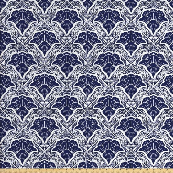 Oriental Fabric by the Yard Upholstery, Themed Repetitive Damask with Floral Motif in Diagonal Squares, Decorative Fabric for DIY and Home Accents, Indigo White by Ambesonne