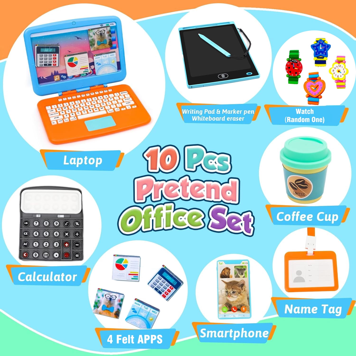 Aijohnny Pretend Play Home Office Set for Kids,Toddler Computer,Phone,LCD Writing Tablet,Pop Fidget Calculator，Headset,Coffee Cup and Watch,Birthday Gift for Boys