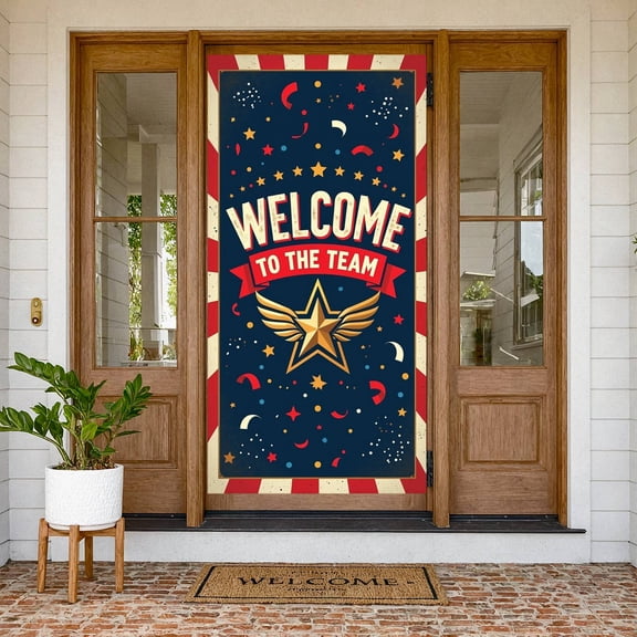Retro Welcome Team Banner Red & Gold Winged Star Backdrop Navy Blue Confetti Decor for Office Welcome Party New Hire Onboarding Workplace Celebration