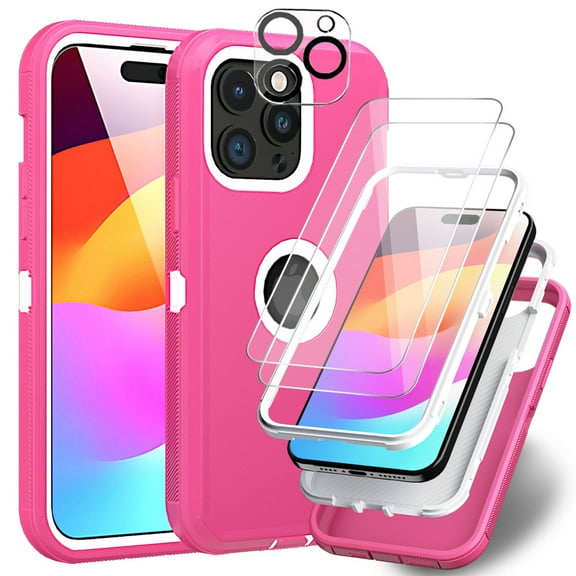 Xhy iPhone 15 Pro Max Case with Screen and Lens Protector Military Grade Heavy Duty 3 in 1 Shockproof Armor for iPhone 15 Pro Max 6.7 inch 2023 Phone - Rose Red White
