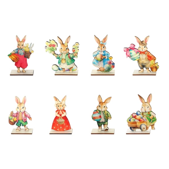Set Of Eight Wooden Bunny Figurines Each Standing 5.91 Inches Tall With Diverse And Cute Designs For Creating Festive Table Arrangements And Decor