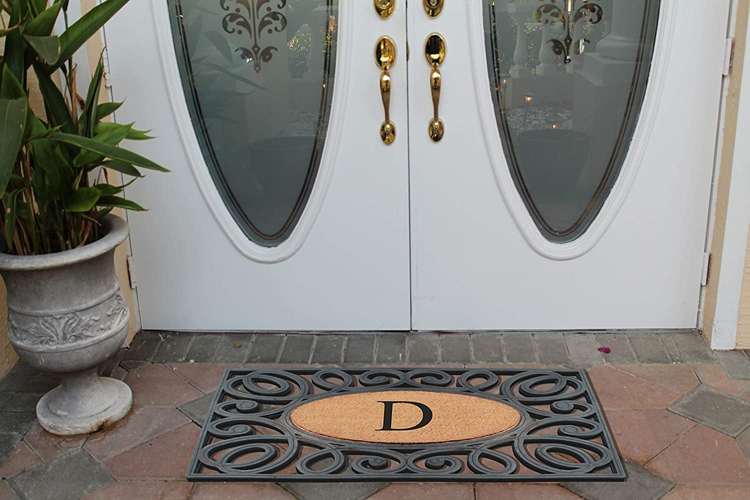 A1HC Elegant Circles Rubber and Coir Mat for Outdoor Entrance Heavy Duty Monogrammed Doormat Black/Beige 23x38