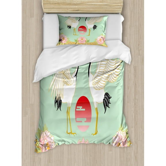 Feather Twin Size Duvet Cover Set, Japanese Cranes with Simplistic Sunrise Design Colorful Asian Culture Illustration, Decorative 2 Piece Bedding Set with 1 Pillow Sham, Multicolor, by Ambesonne