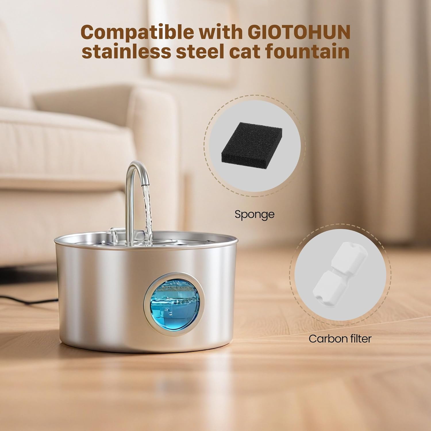 Cat Water Fountain Filter Replacement: 12 Cat Fountain Filter - 12 Pet Fountain Filter - 6 Carbon Filters & 6 Foam Filters - Suitable for GIOTOHUN Stainless Steel Cat Fountain S11