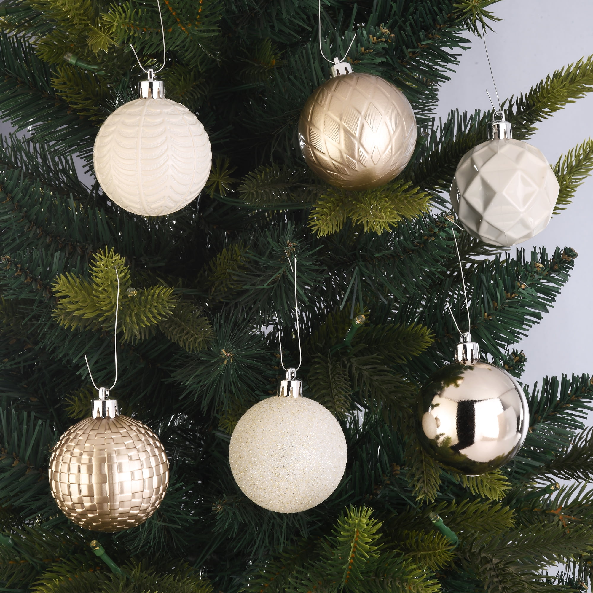 24-Count Champagne, Cream, and White Shatterproof Multi-Textured Christmas Ornaments, 2.36 in, by Holiday Time