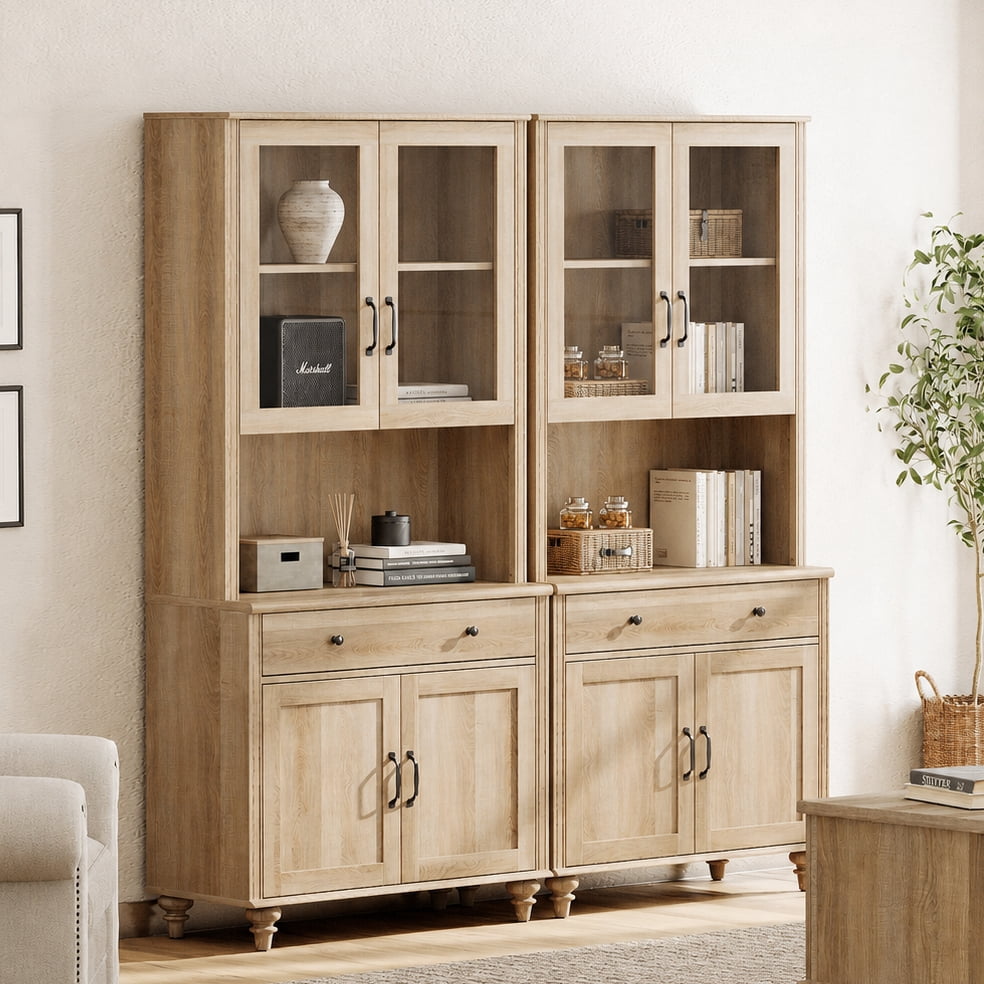 Oak Large Bookcase, Farmhouse Bookshelf with Ample Storage Cabinet, Library Wooden Bookshelves for Living Room, Office, Study Room, Kitchen