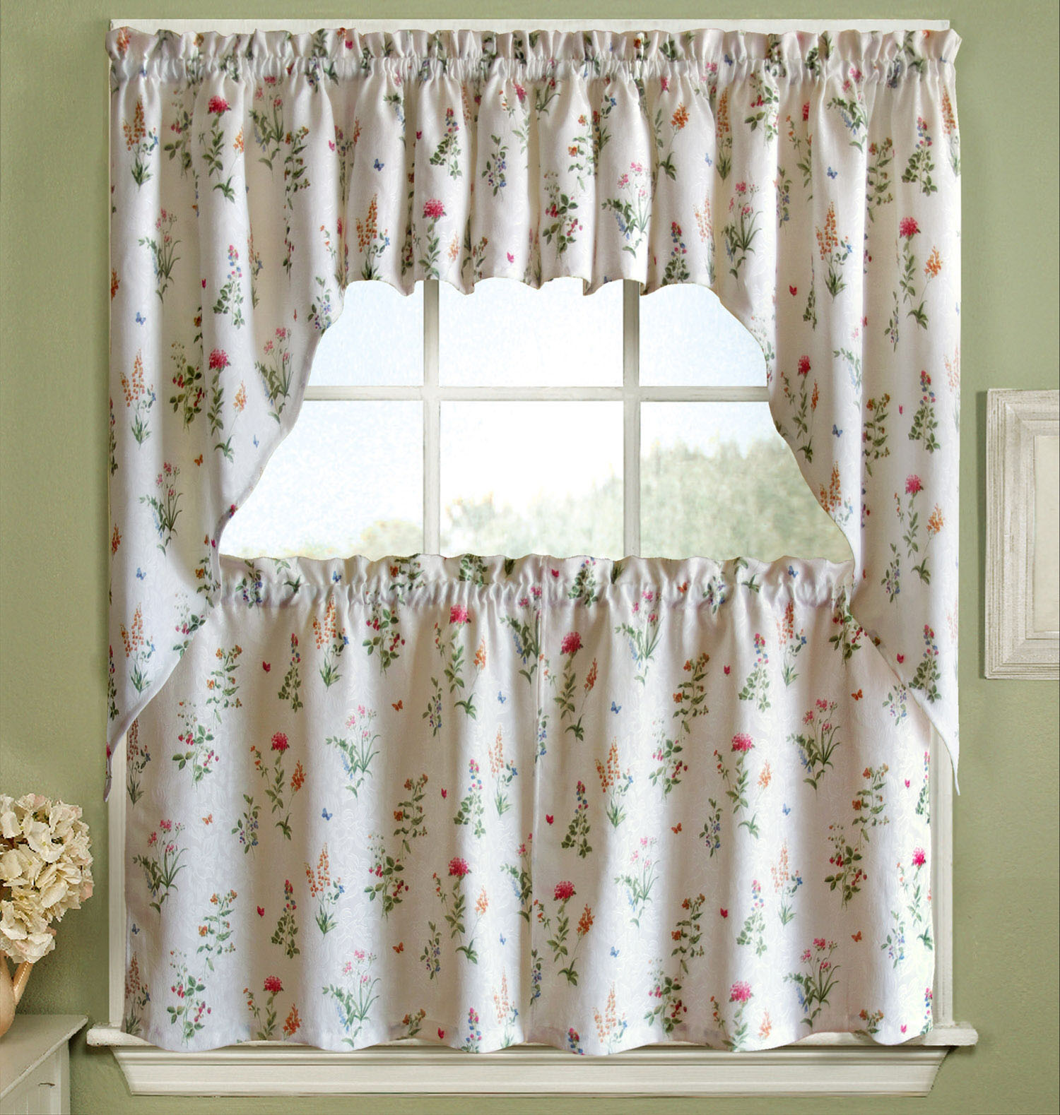 English Garden Floral White Jacquard Kitchen Curtain 24" Tier, Swag