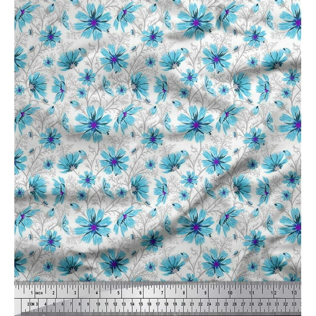 Soimoi polyester Crepe Fabric Leaves & Cosmos Floral Printed Craft Fabric by the Yard 52 Inch Wide