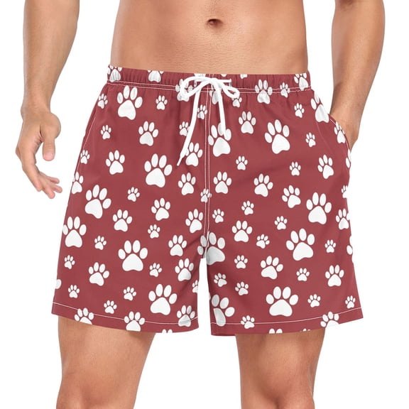 FORMRS Mens Swim Trunks Mesh Liner Quick Dry Casual Beach Board Shorts with Pockets, Sizes S-2XL, Red Cartoon Paws Pattern