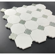 10-Pieces of Thassos White Marble Octagon and Dot Mosaic Wall and Floor Tiles
