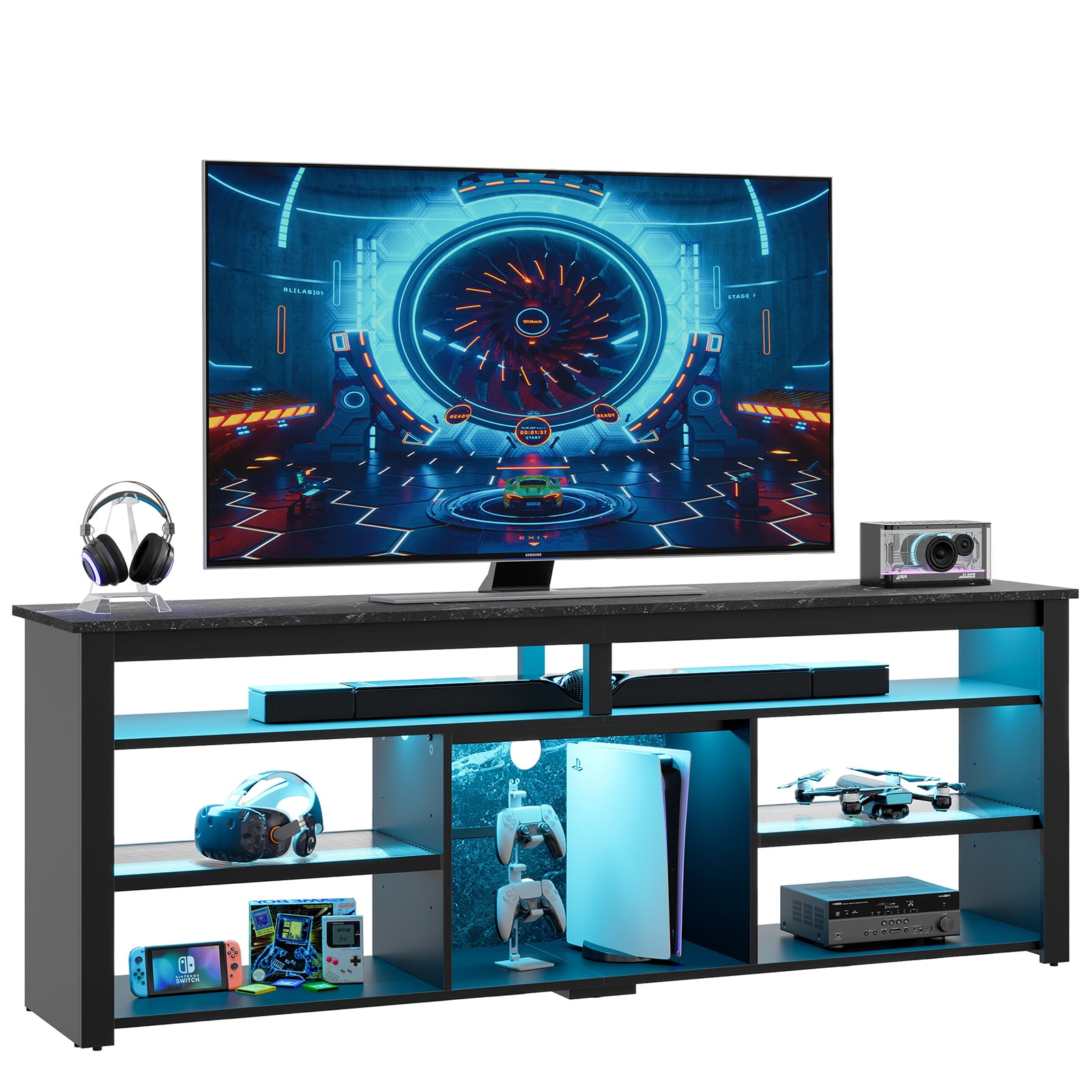 Bestier LED TV Stand for 75" TVs,Gaming Entertainment Center for PS5,Modern TV Stand for Living Room,Tall TV Stand with Storage Shelves, Black Marble