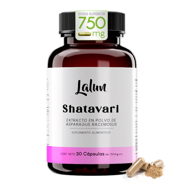 adaptógenos naturales: shatavari extracto orgánico 100% puro | frasco Lalun Organics frontal con etiqueta blanca y banda rosa que muestra 'Shatavari' y '30 cápsulas', sello '750 mg' en la parte superior; frasco ámbar con tapa negra, dos cápsulas veganas y polvo de extracto a la derecha, presentación de suplemento alimenticio indicada en el título; a menudo usado como complemento en rutinas de bienestar no médicas.