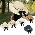 thumbnail image 4 of NUZYZ Women Straw Hat Contrast Color Bow knot Decor Hollow Out Wide Brim Round Sun Decorative Flower Embroidery Lady Sun Hat Headwear, 4 of 8