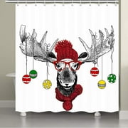 Reindeer Shower Curtain, Funny Christmas Moose with Cute Hat and Eyeglassed and Colorful Ornaments Ball Hangings Bathroom Curtains