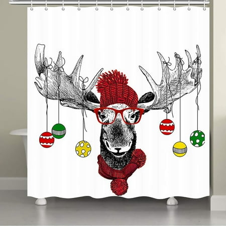 Reindeer Shower Curtain, Funny Christmas Moose with Cute Hat and Eyeglassed and Colorful Ornaments Ball Hangings Bathroom Curtains