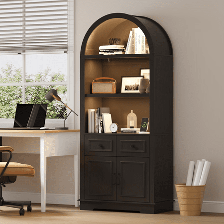 71" Tall Arched Bookcase with Storage, 3-Color LED Lights & Motion Sensor, 2 Drawers, Doors & Adjustable Shelf, Freestanding Storage Cabinet for Living Room, Home Office, Bedroom & Entryway, Black