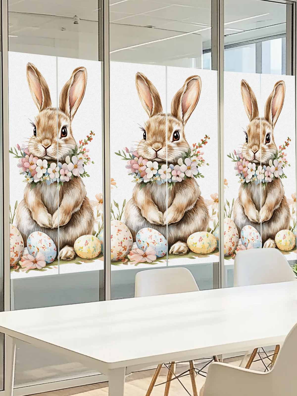 Easter Bunny Window Privacy Film, Eggs Wreath Frosted Glass Window Clings Static Cling UV Heat Blocking Reusable Door Sticker for Bathroom 23.6 x 59 Inch