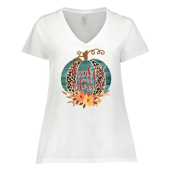 Inktastic Thankful and Blessed Teal Cheetah Pumpkin Women's Plus Size V-Neck T-Shirt