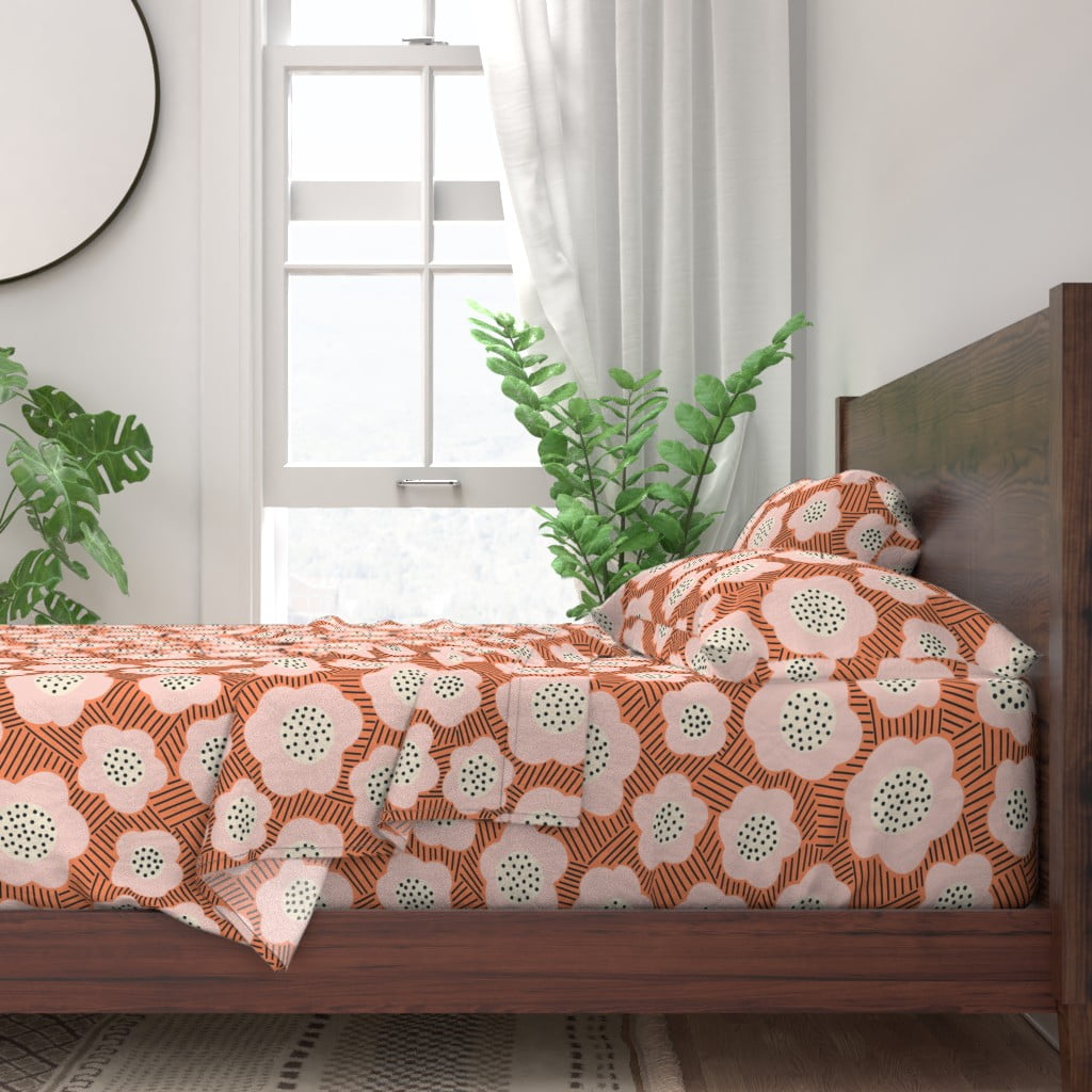 100 Cotton Sheets, Twin 3pc Set Coral Pink Boho Blossom Cream