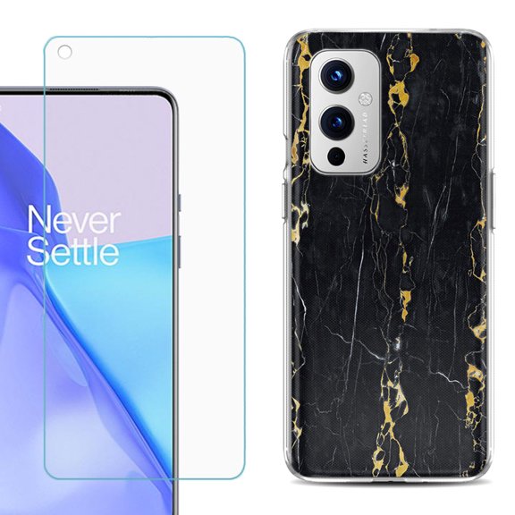 Slim-Fit TPU Phone Case Compatible with OnePlus 9 5G, with Tempered Glass Screen Protector, by OneToughShield ® - Marble / Gold/Black