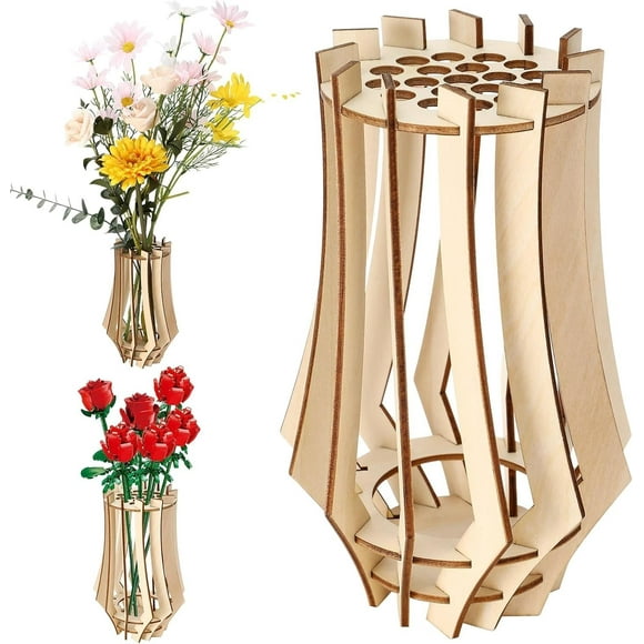 Wooden Puzzle Vase for Lego Flower Bouquet Building Set, Display Stand for Lego Roses Cherry Blossom Sunflower Tulips Daffodils Lotus, Gift for Lego Flower Lovers (L-J)