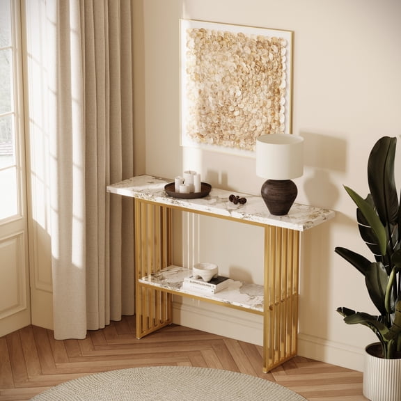 Lisonu Modern Gold Console Table 47.24in Faux Marble Top – Double-Tier Entryway Table with Open Storage Shelf, H-Frame Metal Base, Glossy White & Gold Accent, Art Deco Style