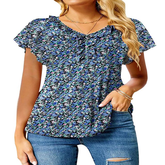 CHUANK Blouses pour Femmes à Fleurs à Volants Manches Courtes Tunique Décontractée Col en V Chemises d'Été